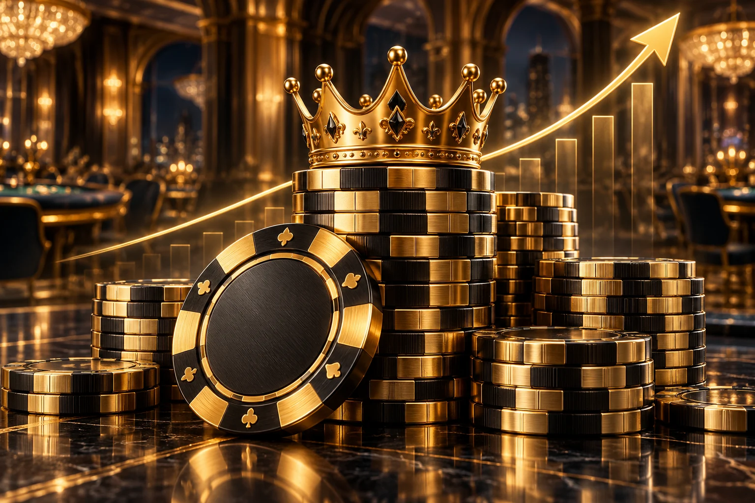 Altın taç, premium casino fişleri ve büyüme grafiği